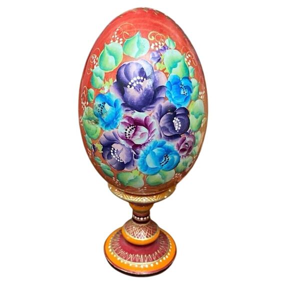 Russian Hand Painted Pysanky Easter Egg Red Orange Lacquered Flower Signed Stand - Picture 1 of 10